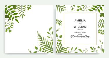 vierkante bruiloft uitnodigen kaarten met groene bladeren vector