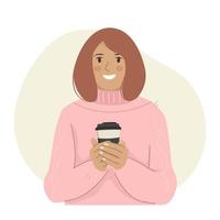 jong meisje Holding een papier kop van koffie. vector illustratie in tekenfilm stijl geïsoleerd Aan wit achtergrond.