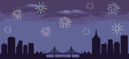 pixel kunst nacht stad landschap met vuurwerk, minimalistische stad achtergrond voor 8 bit spel vector
