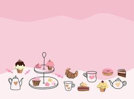 afternoon tea stand set met gebak, koffiehuis iconen van desserts. vector
