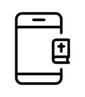 heilig Bijbel met kruis en smartphone vector lijn icoon. telefoon lineair stijl teken voor mobiel concept en web ontwerp. boek schets teken. christen religie symbool, logo illustratie grafisch