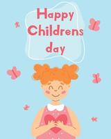 wereld kinderen dag. poster met een schattig meisje en een hart in haar handen. vector illustratie. groet kaart voor kinderen dag.cartoon stijl.