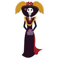 dag van de dood vakantie in Mexico. meisje Katrina calavera in Mexicaans kostuum. vector illustratie geïsoleerd Aan wit achtergrond.