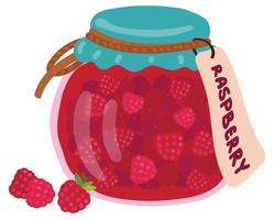 framboos jam in een pot met de inscriptie. hand- getrokken vector illustratie. geschikt voor website, stickers, geschenk kaarten.