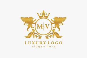 eerste mv brief leeuw Koninklijk luxe logo sjabloon in vector kunst voor restaurant, royalty, boetiek, cafe, hotel, heraldisch, sieraden, mode en andere vector illustratie.