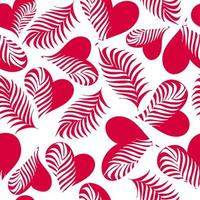 naadloos patroon met hand- getrokken roze harten en palm bladeren. vector