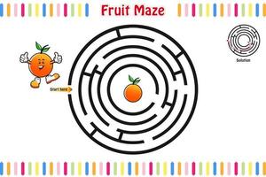 doolhof puzzel, leerzaam doolhof voor kinderen met fruit, labyrint voor kinderen, geïsoleerd vector illustratie, mascotte tekenfilm stijl, fruit karakters