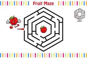 doolhof puzzel, leerzaam doolhof voor kinderen met fruit, labyrint voor kinderen, geïsoleerd vector illustratie, mascotte tekenfilm stijl, fruit karakters