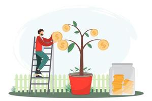 jong Mens groeit geld boom, investering, familie begroting, geld besparing concept, vlak vector illustratie.