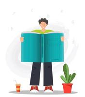 gelukkig jong Mens, jongen of leerling lezing boeken, lezing boeken, onderwijs concept, huis bibliotheek concept, lezing is macht concept, vlak vector illustratie