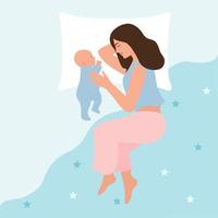 moeder en pasgeboren baby slapen samen, mama en zuigeling aan het liegen in bed.concept van borstvoeding, zorg en ontspanning. moeders dag en ouderschap. vector illustratie