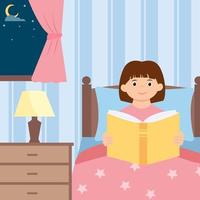 schattig meisje zittend in bed en lezing bedtijd verhaal. nacht lezing. kinderen boek illustratie. vector