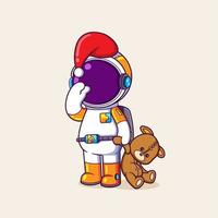 de slaperig astronaut is vervelend de de kerstman hoed en Holding de favoriete teddy beer vector