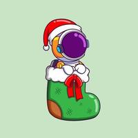 de schattig astronaut is zittend Aan de Kerstmis sok aan het wachten voor de kerstman geschenk vector