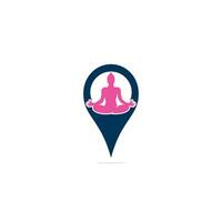 yoga of spa bevind zich logo ontwerp. menselijk houding en GPS icoon ontwerp. vector