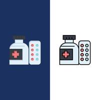 medisch geneeskunde pillen ziekenhuis pictogrammen vlak en lijn gevulde icoon reeks vector blauw achtergrond