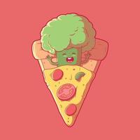 broccoli karakter slapen in een plak van pizza vector illustratie. voedsel, grappig ontwerp concept.