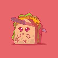 een schattig belegd broodje karakter met een mes Aan zijn hoofd. voedsel, grappig, partij vector illustratie.
