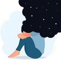 een vlak vector tekenfilm illustratie van een vrouw in een depressief stemming, zittend Aan de verdieping en Holding haar knieën, krabbelen over- haar hoofd. mentaal Gezondheid problemen, burn-out, depressie.