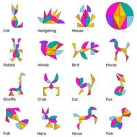 puzzel spel magie cirkel voor kinderen. tangram. schema's met verschillend dieren. vector illustratie