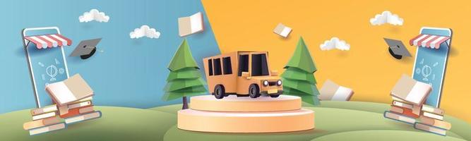 terug naar school kleurrijk podium met gele schoolbus en boek e-learning vectorillustratie vector