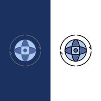 wereldbol wereld aarde atoom aansluiten pictogrammen vlak en lijn gevulde icoon reeks vector blauw achtergrond