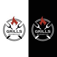 gegrild barbecue typografie logo ontwerp met gekruiste brand en spatula.logos voor restaurants, cafés en bars. vector