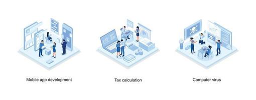 mobiel app ontwikkeling concept, financieel consultant zittend Bij kantoor bureau met documenten voor belasting berekening, computer virus concept, reeks isometrische vector illustratie