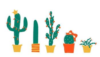 winter vakantie decoraties. Kerstmis cactus, Scandinavisch stijl takken en Kerstmis boom speelgoed. bladeren, rood bessen en cactussen met feestelijk slingers vector clip art