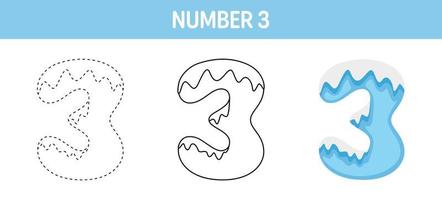 aantal 3 sneeuw traceren en kleur werkblad voor kinderen vector