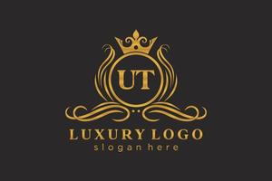 eerste ut brief Koninklijk luxe logo sjabloon in vector kunst voor restaurant, royalty, boetiek, cafe, hotel, heraldisch, sieraden, mode en andere vector illustratie.