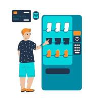 generatie z jong jongen gebruik makend van verkoop machine met drankjes en snacks. zelf helpen vent in zelf onderhoud op te slaan. SmartWatch contactloos betaling concept. kinderen kaartloos betaling vector illustratie.