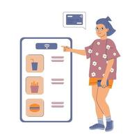 generatie z meisje kiest voedsel Aan scherm en houden smartphone. jong vrouw points contactloos betaling knop. betaling door kaart of elektronisch geld concept. kinderen en technologieën vector illustratie.