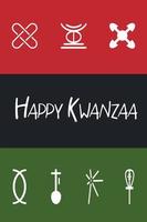 gelukkig kwanzaa groet kaart met Afrikaanse Kwanza vlag - rood, zwart, groen versierd met zeven principes van kwanzaa pictogrammen. schattig verticaal poster voor Afrikaanse Amerikaans erfgoed viering vakantie vector