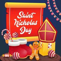 heilige nicholas dag, cadeaus en snoepgoed Aan de tafel vector
