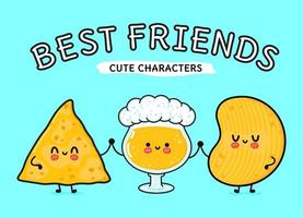 schattig, grappig vrolijk glas bier, nacho's en chips. vector hand getekend kawaii stripfiguren, illustratie pictogram. grappige happy cartoon glas bier nachos chips mascotte vrienden emoji, kind, baby, gezicht