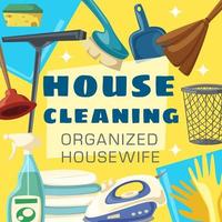 huis schoonmaak poster met huishouden item kader vector