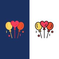 ballon liefde bruiloft hart pictogrammen vlak en lijn gevulde icoon reeks vector blauw achtergrond