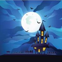 gelukkig halloween banier of partij uitnodiging Aan donker blauw achtergrond met mist, heks, wolk lucht, vleermuizen, katten, kasteel huis, grafsteen en eng pompoenen. vector