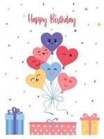 hart vormig ballonnen in kawaii stijl. gelukkig verjaardag opschrift en geschenk dozen. vector illustratie