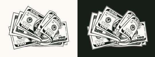 stapel van gevouwen 100 dollar bankbiljetten, rekeningen. hoop van contant geld geld. zwart en wit monochroom geïsoleerd vector illustratie. wijnoogst stijl.