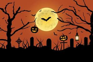 gelukkig halloween nacht achtergrond. halloween pompoenen, begraafplaats, spookachtig bomen en achtervolgd huis met verschrikking halloween concept vector illustratie.