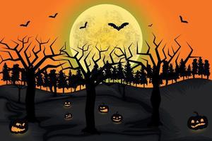 gelukkig halloween nacht achtergrond. halloween pompoenen, begraafplaats, spookachtig bomen en achtervolgd huis met verschrikking halloween concept vector illustratie.