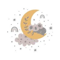 schattig baby koala slapen Aan de maan. boho maan, baby dier wolk regenboog, sterren. kinderkamer zoet droom slapen poster Scandinavisch dier. hand- getrokken kinderachtig kaart in grijs kleur. vector illustratie.