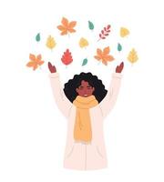 zwart vrouw groet herfst seizoen. gelukkig vrouw spelen met herfst gebladerte. Hallo herfst vector