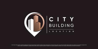 stad gebouw logo ontwerp sjabloon met pin punt plaats icoon en creatief concept vector