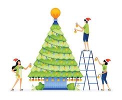 illustratie van mensen gastvrij Kerstmis met ideeën naar versieren een Kerstmis boom met lichten. ontworpen voor website, landen bladzijde, folder, banier, appjes, brochure, opstarten media bedrijf vector