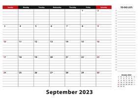 september 2023 maandelijks bureau stootkussen kalender week begint van zondag, grootte a3. vector