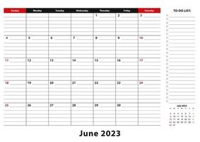 juni 2023 maandelijks bureau stootkussen kalender week begint van zondag, grootte a3. vector