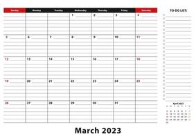 maart 2023 maandelijks bureau stootkussen kalender week begint van zondag, grootte a3. vector